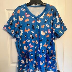 Blue Cat Print Scrub Top